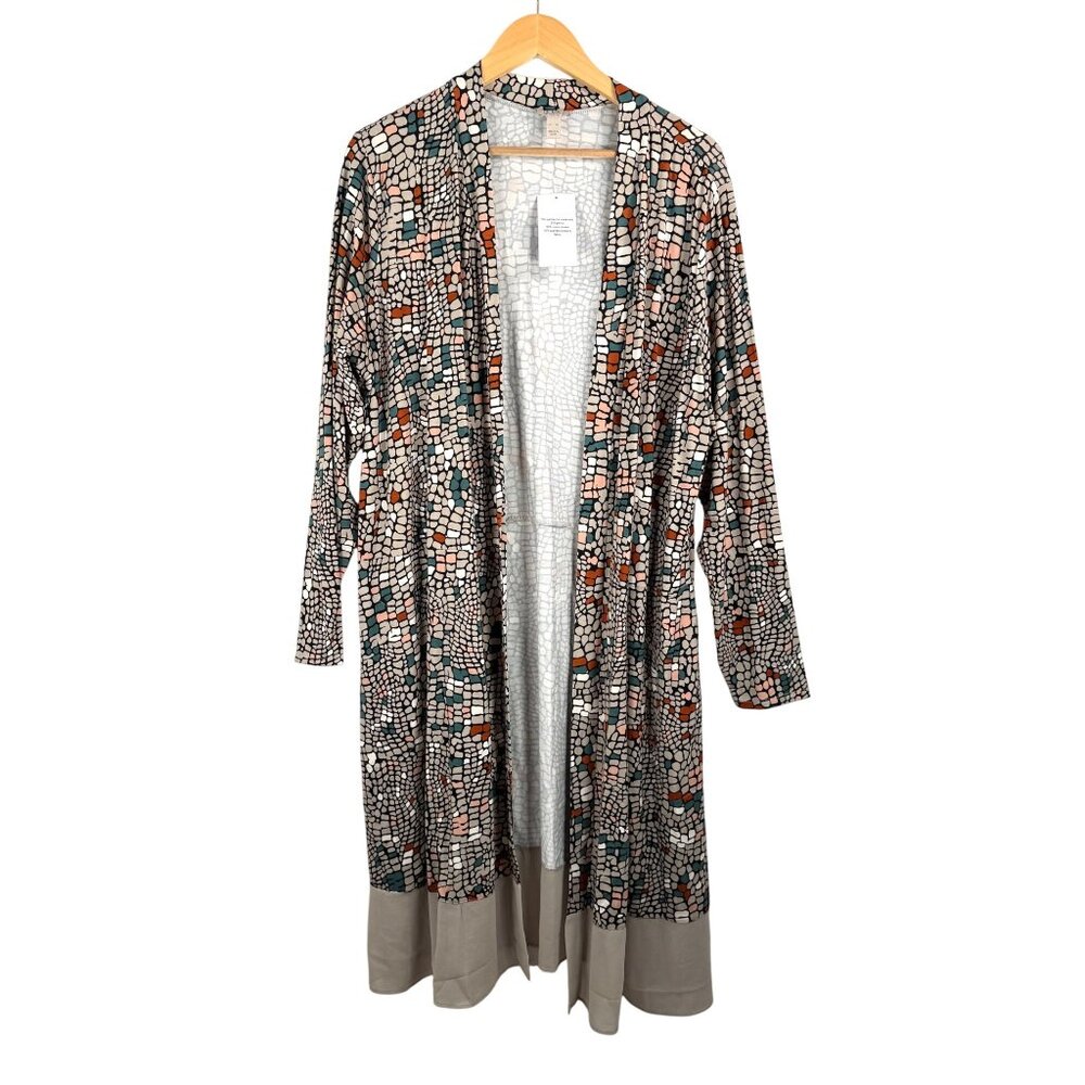 Logo Lori Goldstein oversized lagen look geo print duster beachy tan 90s sz XL‎